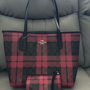 Coach Red Plaid Tote and Wristlet